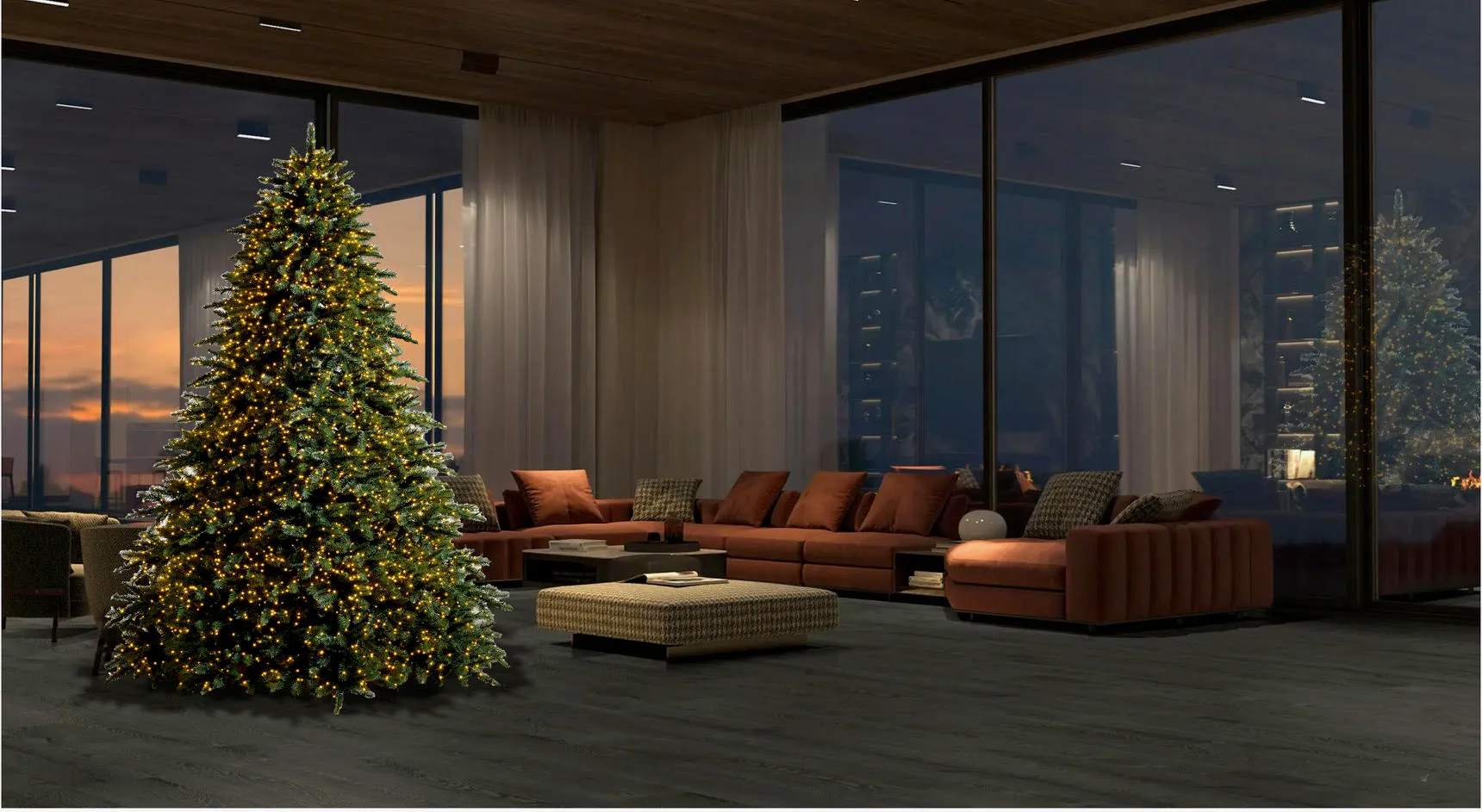 Decorated Christmas tree near a fireplace