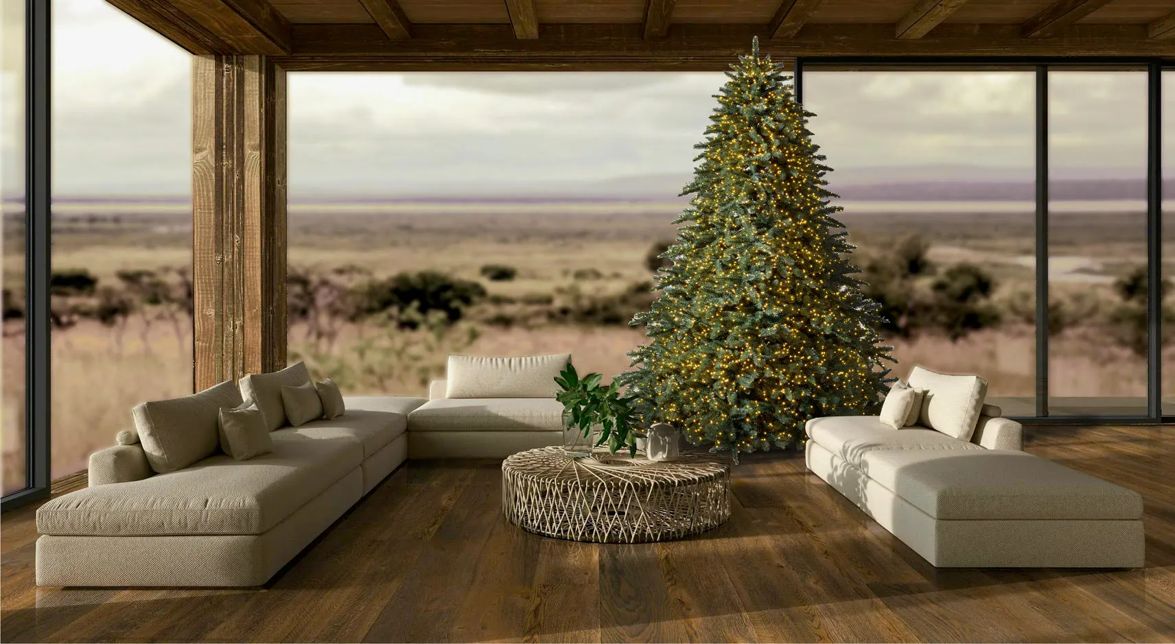 Refined Christmas tree in a softly lit modern interior